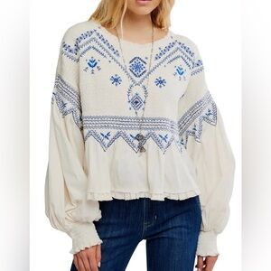 NWT Free People Holly Smocked Embroidered Boho Top